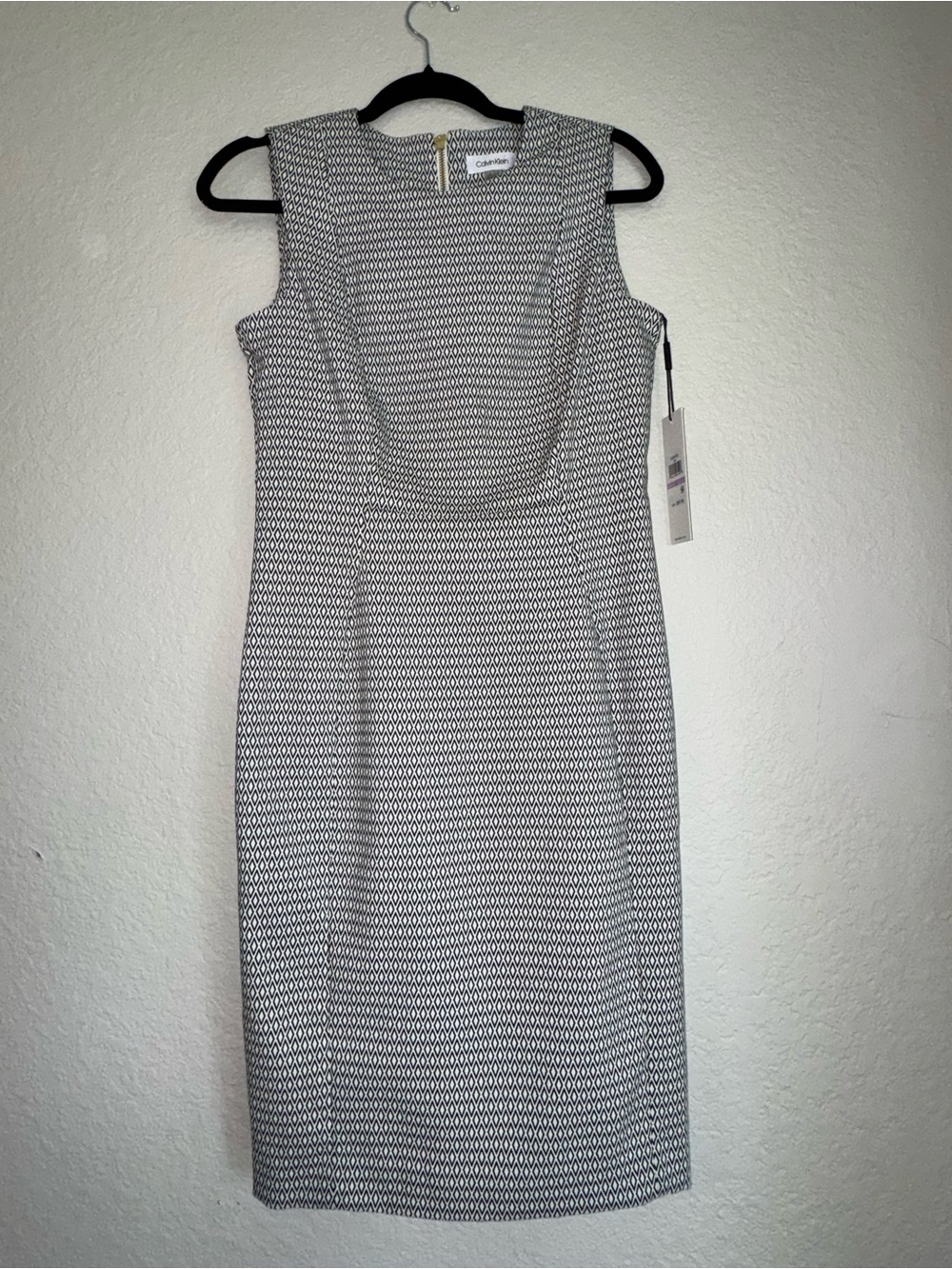 Calvin Klein Black and White Sleeveless Midi Dress with Gold Zipper
